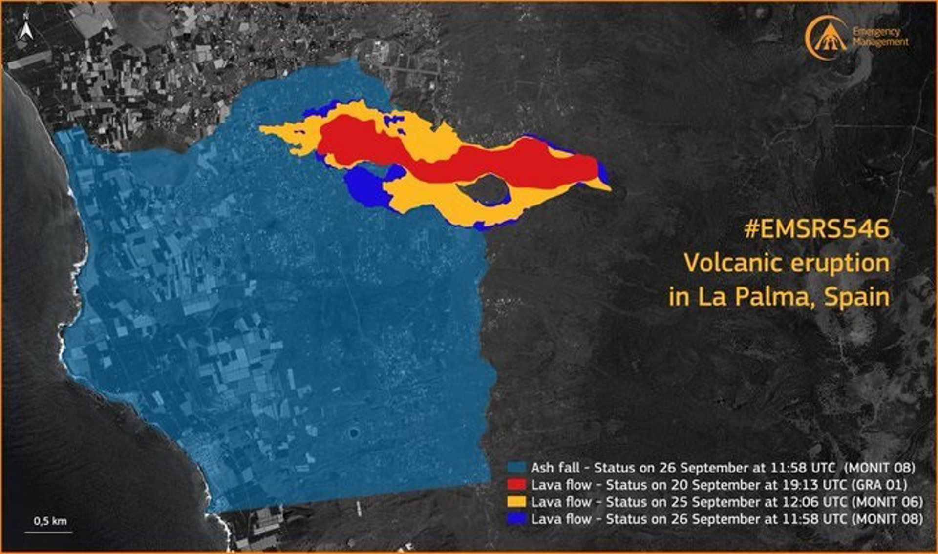 La lava cubre 258 hectáreas destruyendo a su paso 686 edificaciones y 22,2 km de carretera