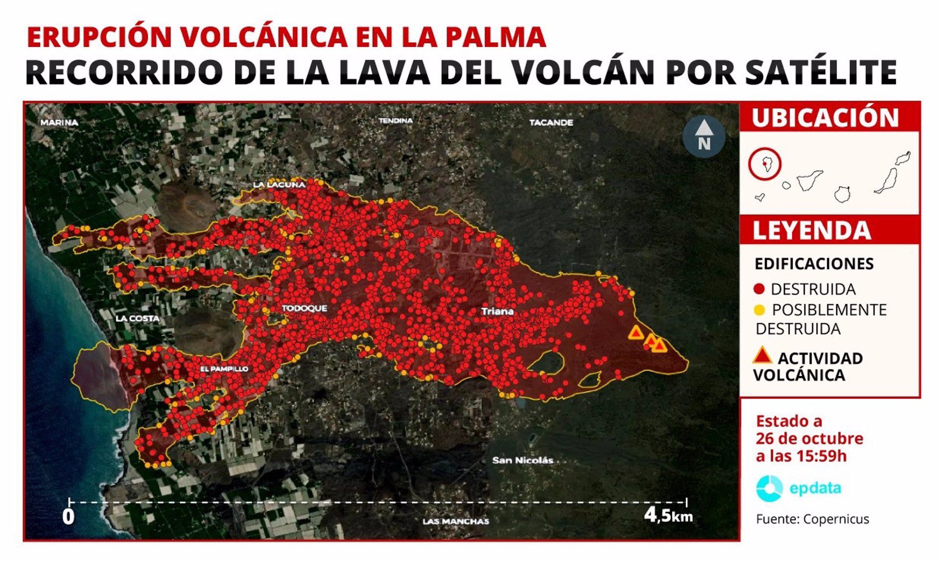 Mapa por satélite del recorrido de la lava en el volcán de La Palma